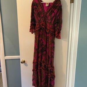 FARM Rio Vibrant Pink and Brown Long Sleeve Dress
